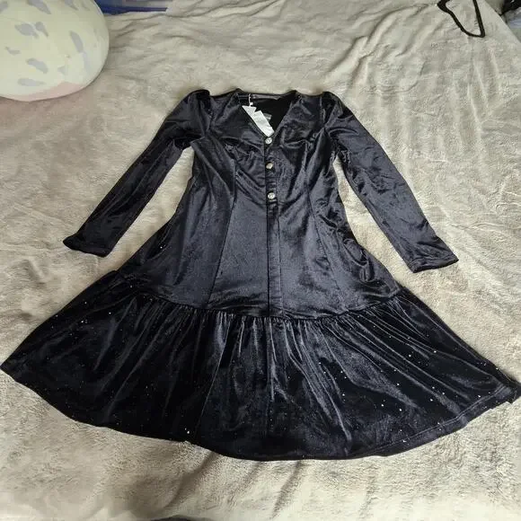 Black Velvet Mini Dress Button Front Long Sleeve Sparkle Holiday Party Cocktail - Picture 10 of 16